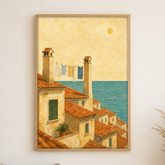 Terracotta Rooftops to the Sea Watercolour Poster
