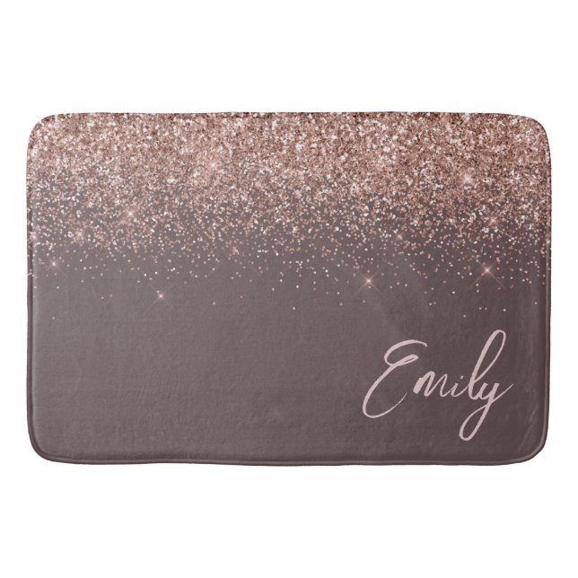 Terracotta Rose Gold Blush Pink Glitter Monogram Bath Mat (Front)