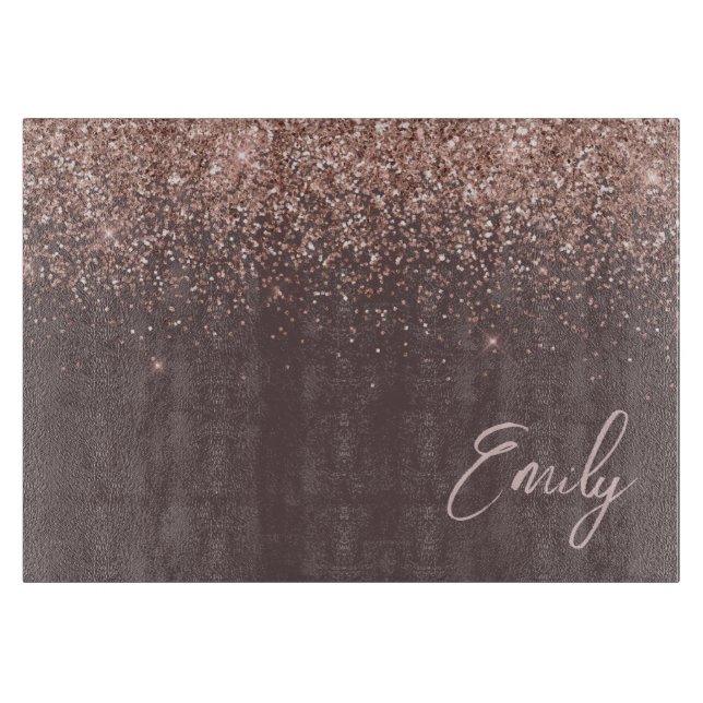 Terracotta Rose Gold Blush Pink Glitter Monogram Cutting Board (Front)