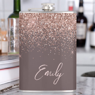Terracotta Rose Gold Blush Pink Glitter Monogram Hip Flask