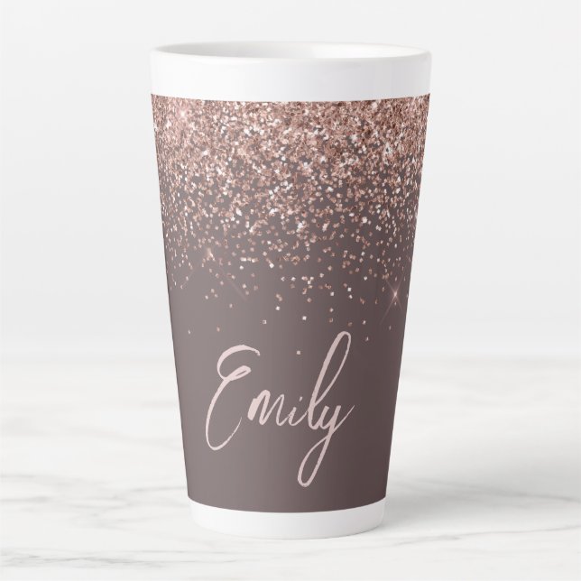 Terracotta Rose Gold Blush Pink Glitter Monogram Latte Mug (Front)