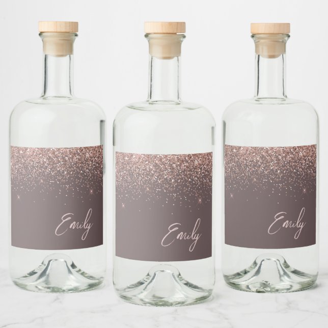 Terracotta Rose Gold Blush Pink Glitter Monogram Liquor Bottle Label (Bottles)
