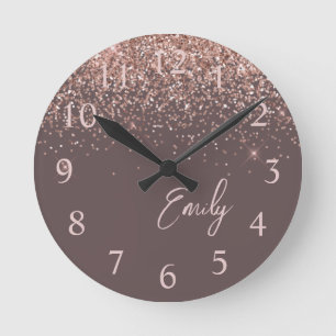Terracotta Rose Gold Blush Pink Glitter Monogram Round Clock