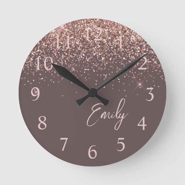 Terracotta Rose Gold Blush Pink Glitter Monogram Round Clock (Front)