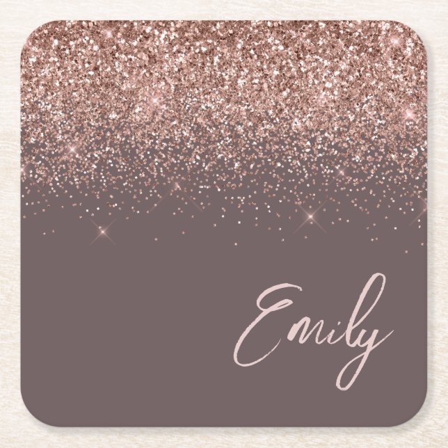 Terracotta Rose Gold Blush Pink Glitter Monogram Square Paper Coaster (Front)