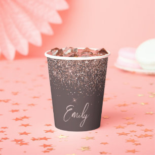 Terracotta Rose Gold Glitter Sparkle Monogram Paper Cups
