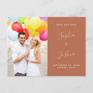 Terracotta Rust & Blush Script Photo Save the Date Postcard