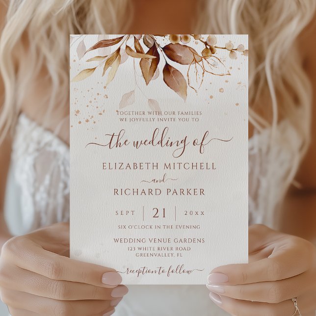 Terracotta Rust Boho Fall Foliage Wedding Invitation (Creator Uploaded)