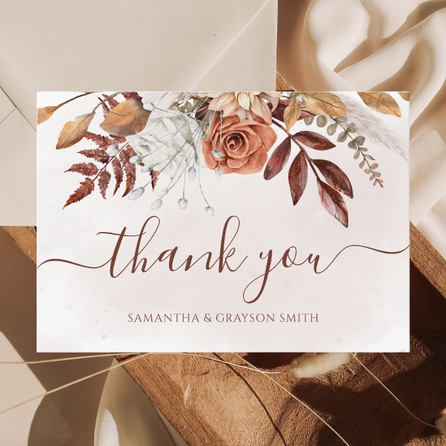 Terracotta Rust Floral Boho Fall Wedding Thank You Card (Creator Uploaded)