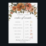 Terracotta Rust Floral Fall Wedding Order of Event Program<br><div class="desc">Personalise this chic earthy burnt orange, terracotta, rust, copper and brown floral wedding order of events easily and quickly, simply press the customise it button to further re-arrange and format the style and placement of the text. Extra timeline icons such as a church, a floral arbor and a camera are...</div>