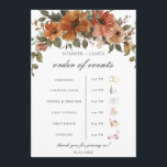 Terracotta Rust Floral Fall Wedding Order of Event Program<br><div class="desc">Personalise this chic earthy burnt orange, terracotta, rust, copper and brown floral wedding order of events easily and quickly, simply press the customise it button to further re-arrange and format the style and placement of the text. Extra timeline icons such as a church, a floral arbor and a camera are...</div>