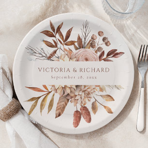 Terracotta Rust Flowers Boho Fall Foliage Paper Plate