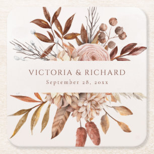 Terracotta Rust Flowers Boho Fall Foliage Square Paper Coaster