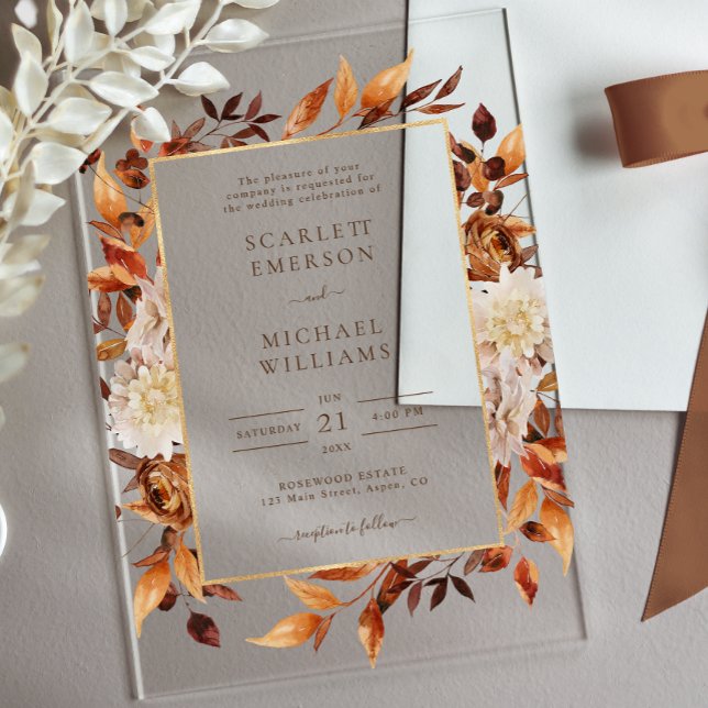 Terracotta Rust Flowers Boho Fall Foliage Wedding  Acrylic Invitations (Terracotta Rust Flowers Boho Fall Foliage Wedding Acrylic Invitations by Painted Paperie
)