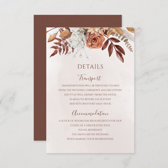 Terracotta Rust Flowers Boho Fall Wedding Details Enclosure Card (Front/Back)