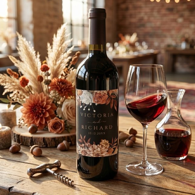 Terracotta Rust Flowers Fall Foliage Black Wedding Wine Label (Creator Uploaded)
