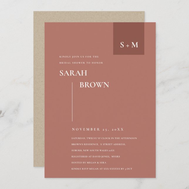 TERRACOTTA RUST MONOGRAM BRIDAL SHOWER INVITE (Front/Back)