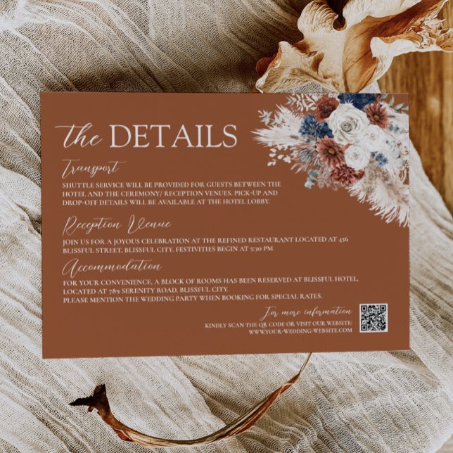 Terracotta Rust Navy Boho Wedding Enclosure Card (Terracotta Rust Navy Boho Wedding Enclosure Card with QR Code)