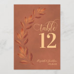 Terracotta Rust Orange Leaves Modern Table Number<br><div class="desc">These beautiful wedding table number cards feature a modern design with a sprig of rust orange or burnt umber leaves on a marbled terracotta clay coloured background. The lettering is done in modern script font and the hand painted watercolor foliage or vines gives the card a rustic yet elegant feel....</div>