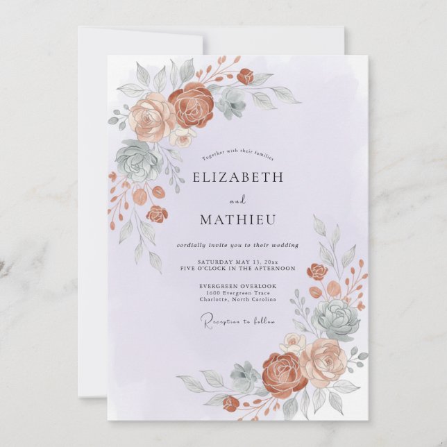 Terracotta Rust Ranunculus Grey Eucalyptus Wedding Invitation (Front)
