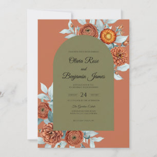 Terracotta Rust Zinnia Eucalyptus Wedding Invitation