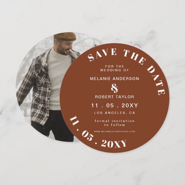 Terracotta Rustic Burnt Orange Boho Photo Save The Date (Front/Back)