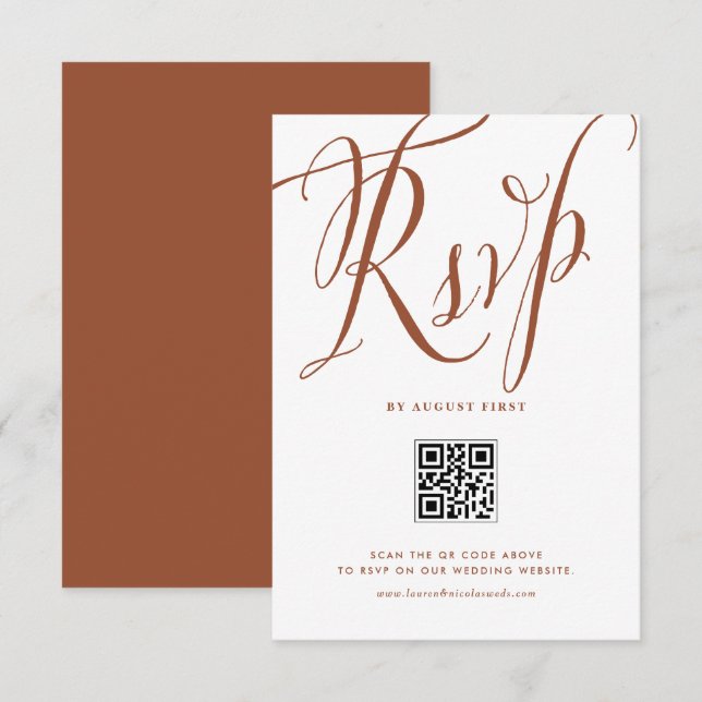 Terracotta Rustic Calligraphy QR Code Wedding RSVP Card (Front/Back)