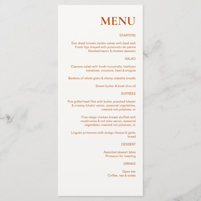 Terracotta Rustic Chic Wedding Menu (Front)