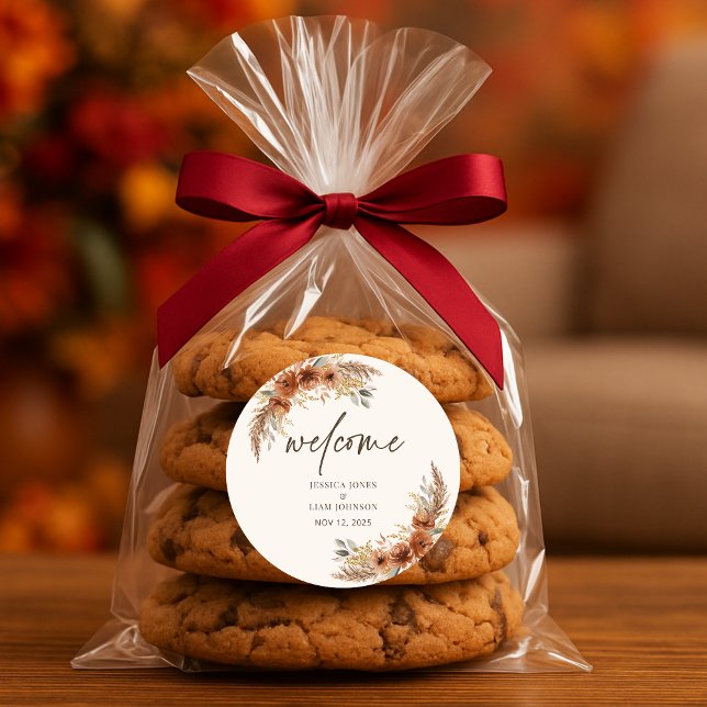 Terracotta Rustic Fall Floral Wedding Welcome Classic Round Sticker (Terracotta Rustic Fall Floral Wedding Welcome Classic Round Sticker)