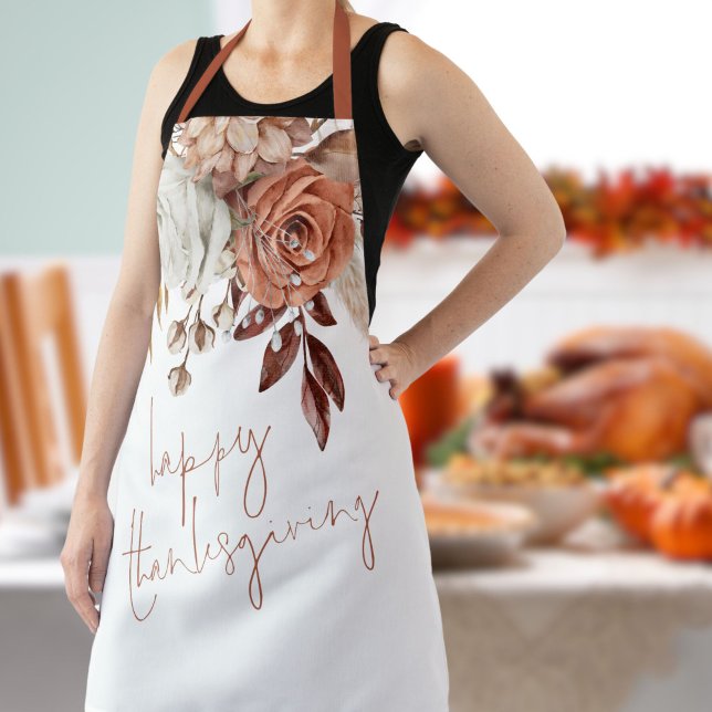 Terracotta Rustic Fall Florals Happy Thanksgiving Apron (Creator Uploaded)