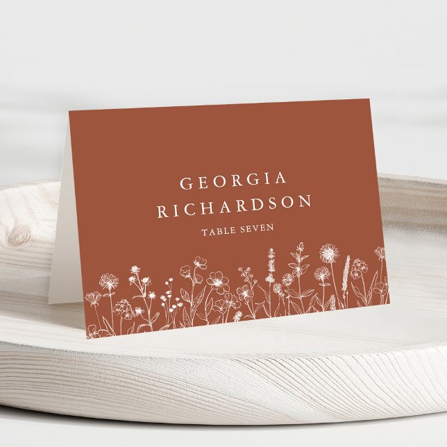 Terracotta Rustic Fall Wildflower Place Card (Terracotta Rustic Floral Fall Wildflower Wedding guest name place card)