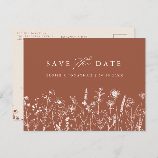 Terracotta Rustic Fall Wildflower Save the Date Postcard (Front/Back)