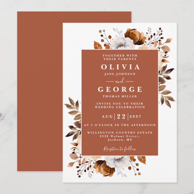 Terracotta Rustic Floral Botanical Modern Wedding Invitation (Front/Back)