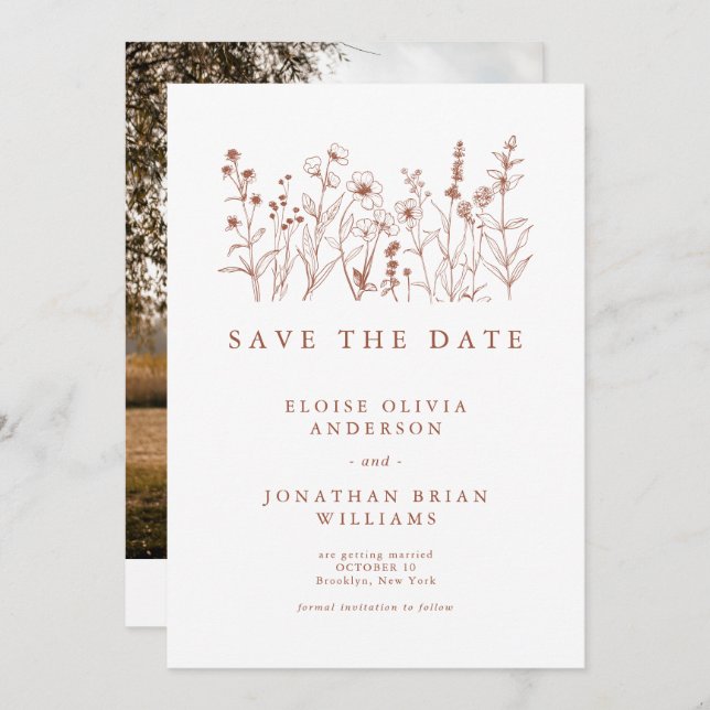 Terracotta Rustic Floral Fall Wildflower Photo Save The Date (Front/Back)