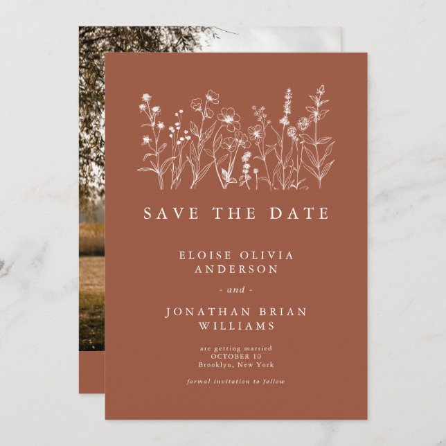 Terracotta Rustic Floral Fall Wildflower Photo Save The Date (Front/Back)