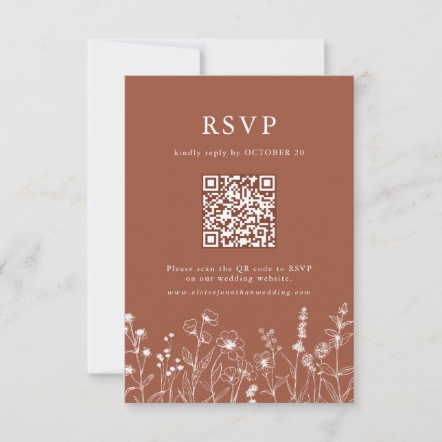 Terracotta Rustic Floral Fall Wildflower QR Code RSVP Card (Front)