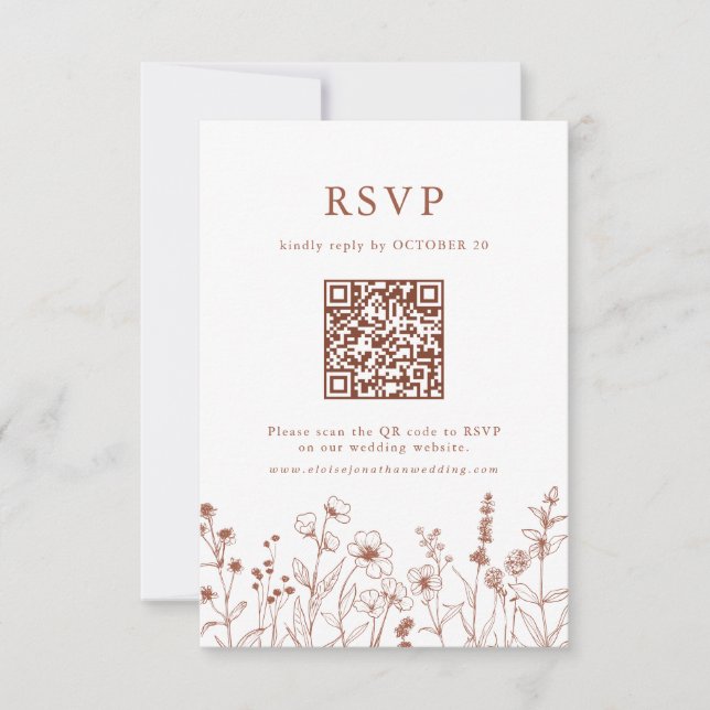 Terracotta Rustic Floral Fall Wildflower QR Code RSVP Card (Front)