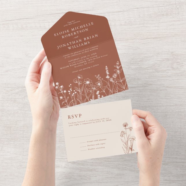 Terracotta Rustic Floral Fall Wildflower Wedding All In One Invitation (Tearaway)