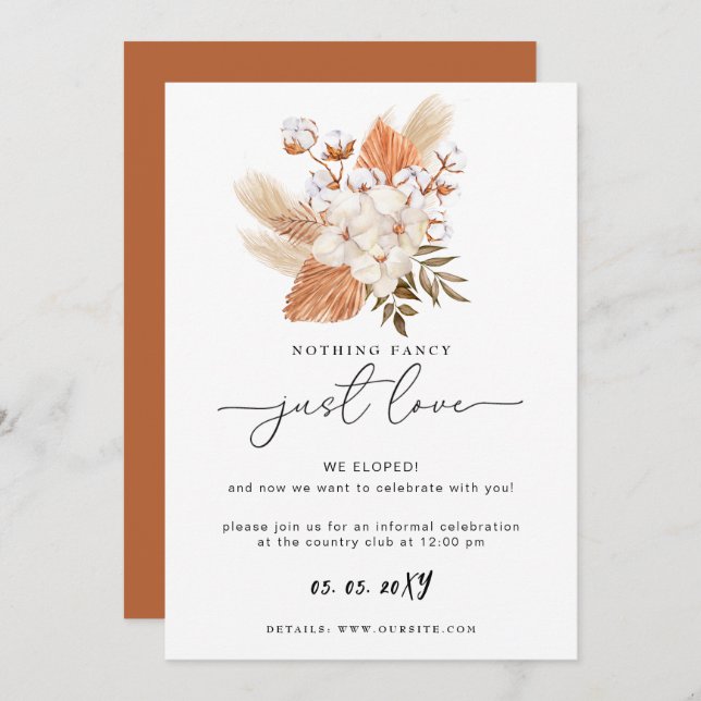 Terracotta Rustic Pampas Grass Wedding Reception Card (Front/Back)