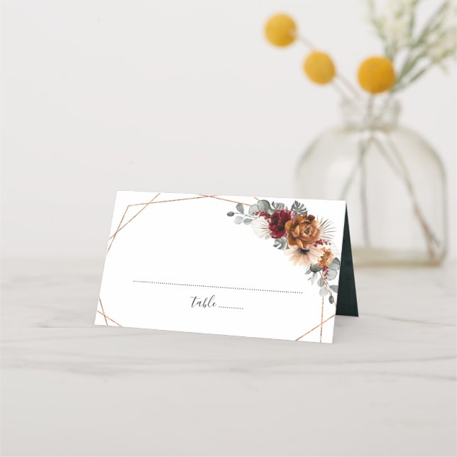 Terracotta Sage Burgundy Floral Geometric Wedding Place Card (Front)