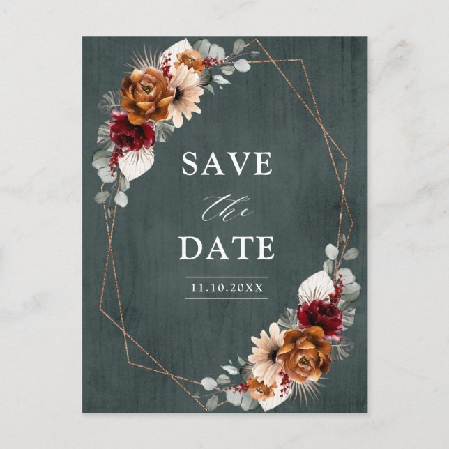 Terracotta Sage Burgundy Floral Geometric Wedding  Postcard (Front)