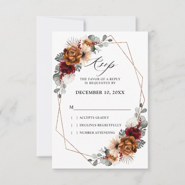 Terracotta Sage Burgundy Floral Geometric Wedding  RSVP Card (Front)