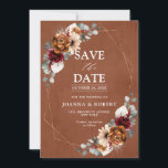Terracotta Sage Burgundy Floral Geometric Wedding  Save The Date<br><div class="desc">Elegant Red Burgundy,  Terracotta ,  Orange earthy floral theme wedding save the date card featuring elegant bouquet of Marsala,  Terracotta colour roses peonies  and sage green eucalyptus leaves. Please contact me for any help in customisation or if you need any other product with this design.</div>