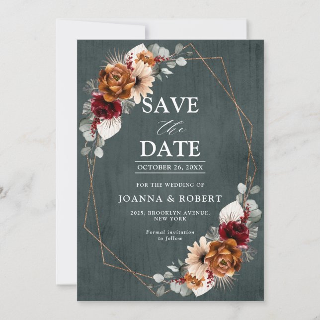 Terracotta Sage Burgundy Floral Geometric Wedding  Save The Date (Front)