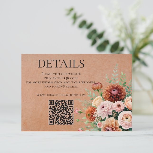 Terracotta Sage Green Flowers Wedding QR Details Enclosure Card (Standing Front)