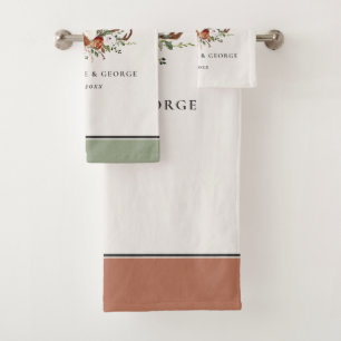 Terracotta sage green stag antler floral elegant b bath towel set