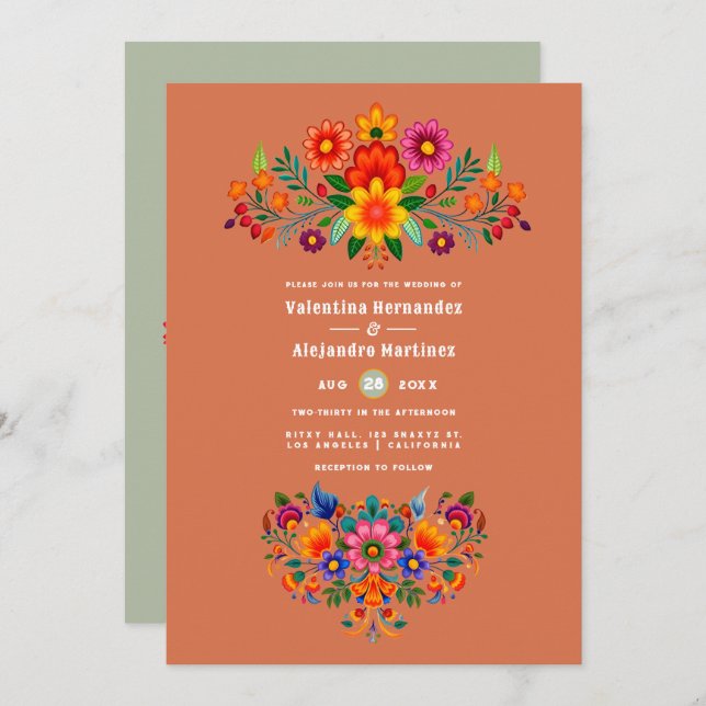 Terracotta & Sage Mexican Folk Art Fiesta Wedding Invitation (Front/Back)