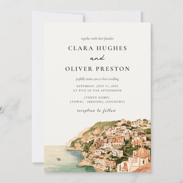Terracotta Sage Script Positano Coast Wedding  Invitation (Front)
