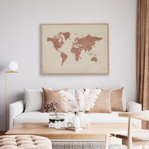 Terracotta & Sand Beige World Map Wall Art Print