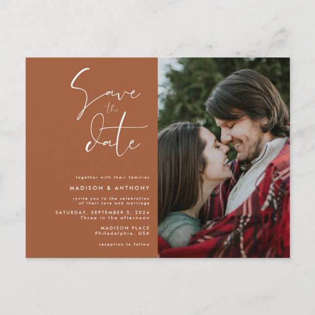 Terracotta Save the Date Minimalist Wedding Photo Invitation Postcard (Front)